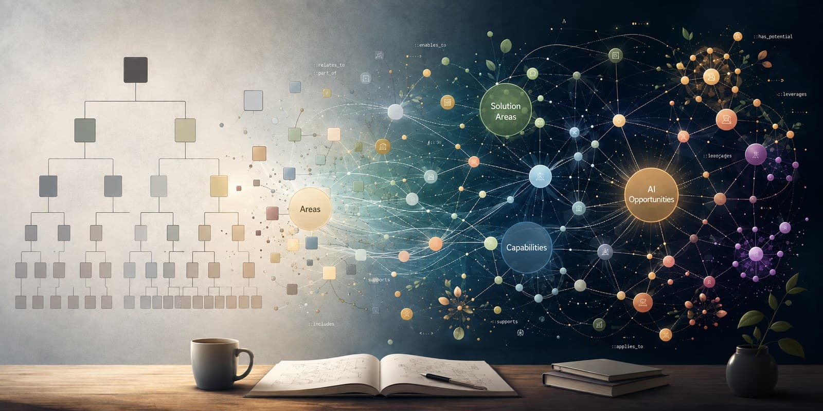 A hierarchy opening into a connected knowledge graph, with representative nodes for Areas, Solution Areas, Capabilities and AI Opportunities.